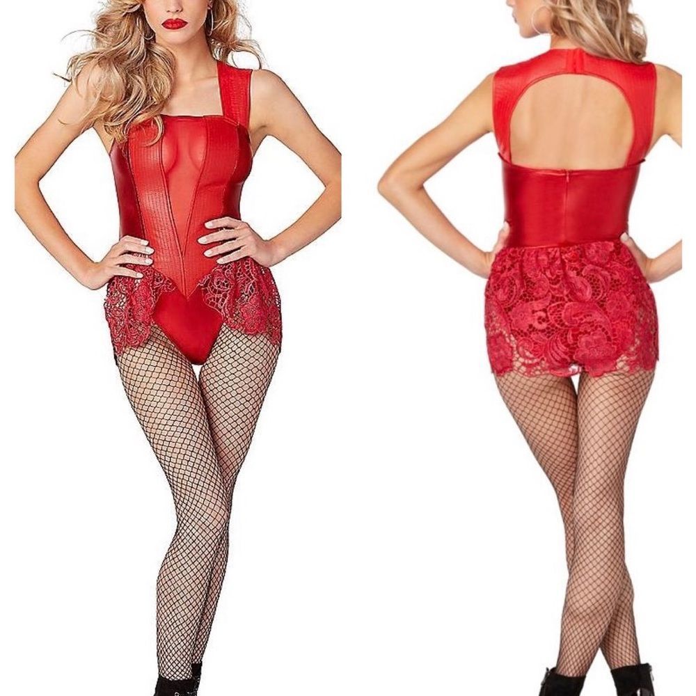 Devil Costume Bodysuit L Red Lace Trim Satin Spirit Halloween Demon Sexy Hot